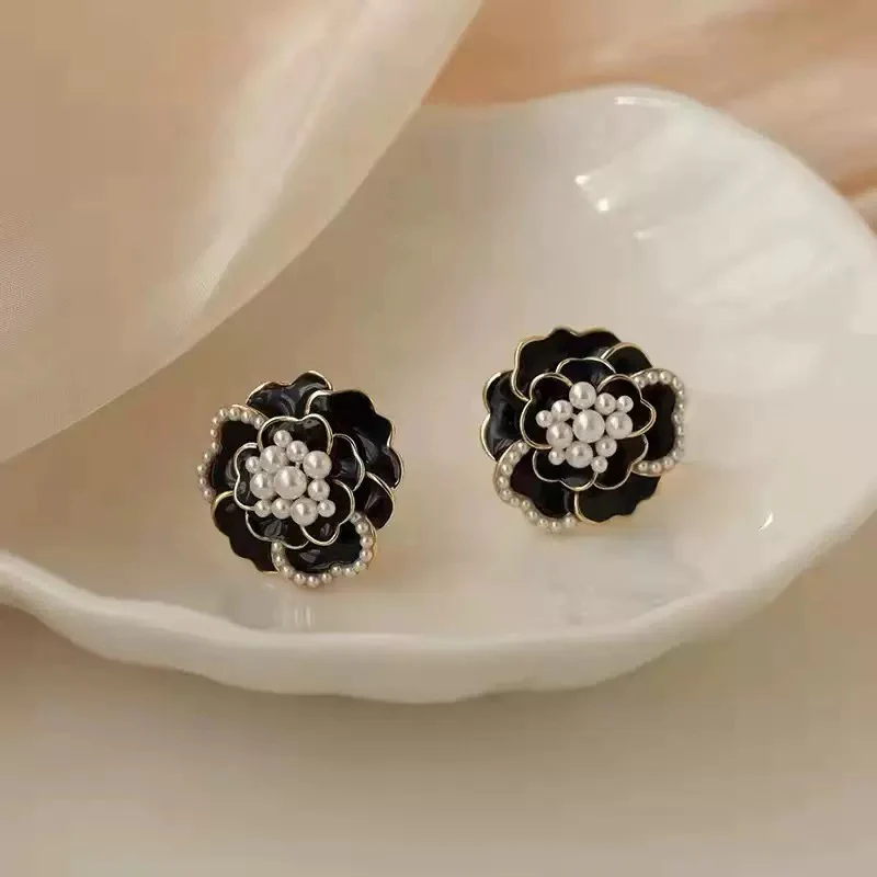 Elegant Enamel Black Floral Earrings