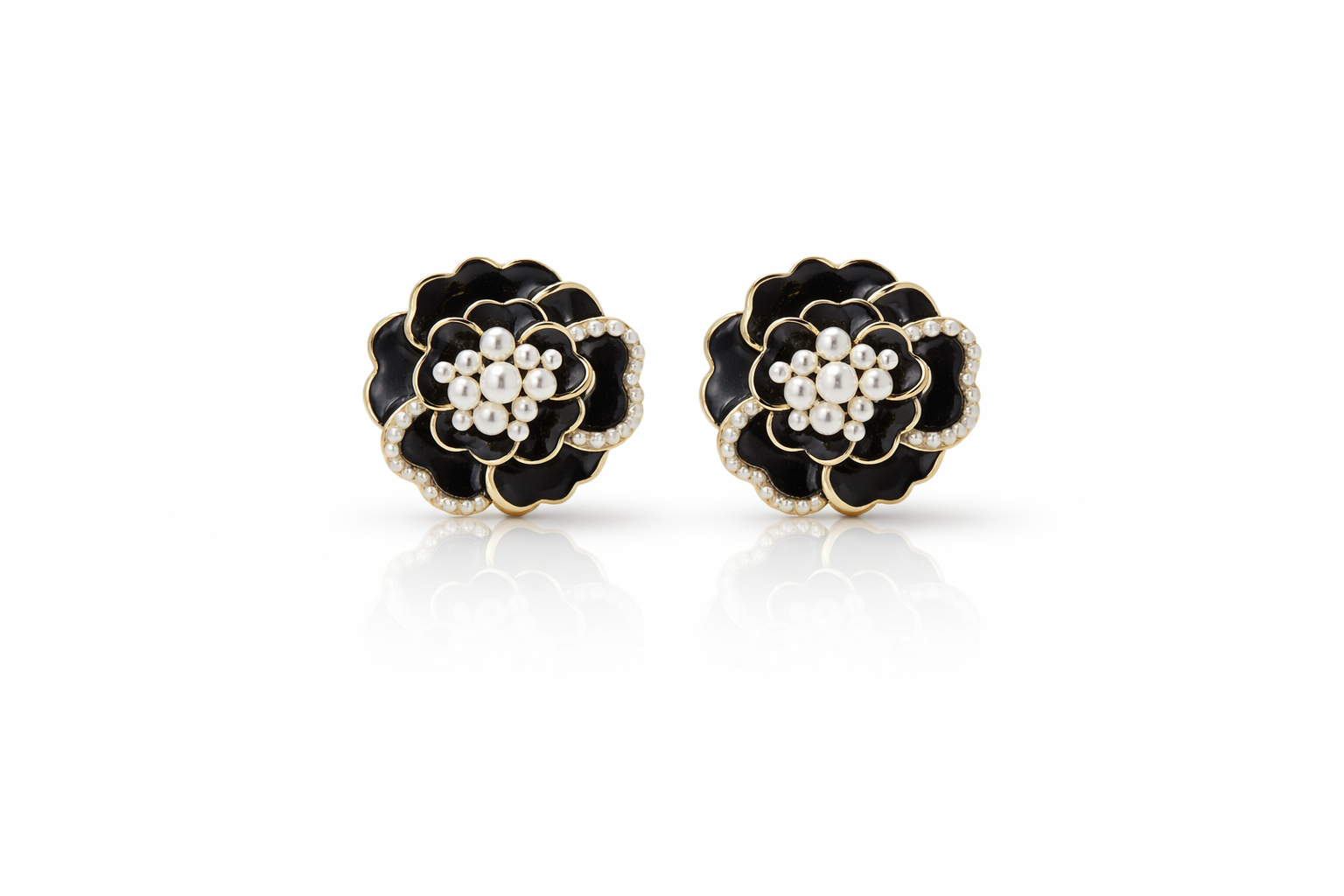 Elegant Enamel Black Floral Earrings