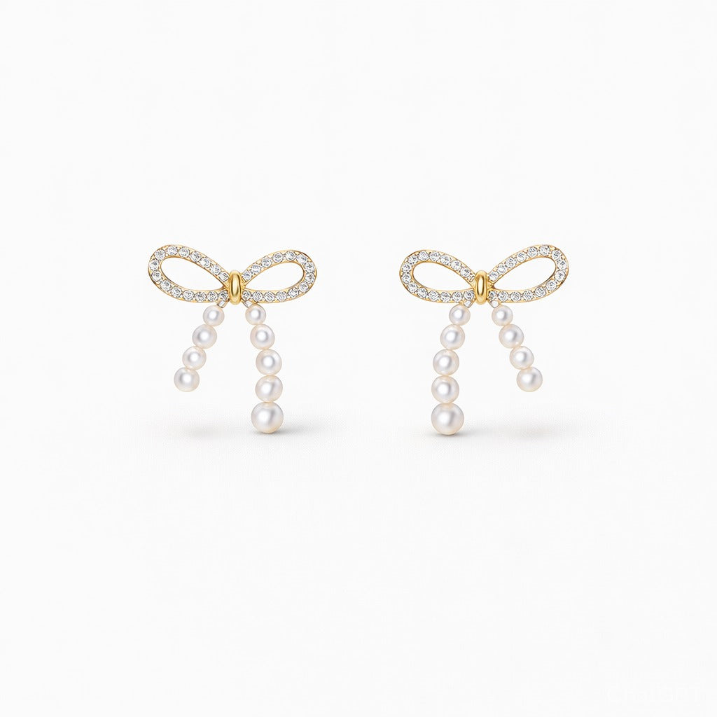 Korean Pearl Bow Drop Earrings